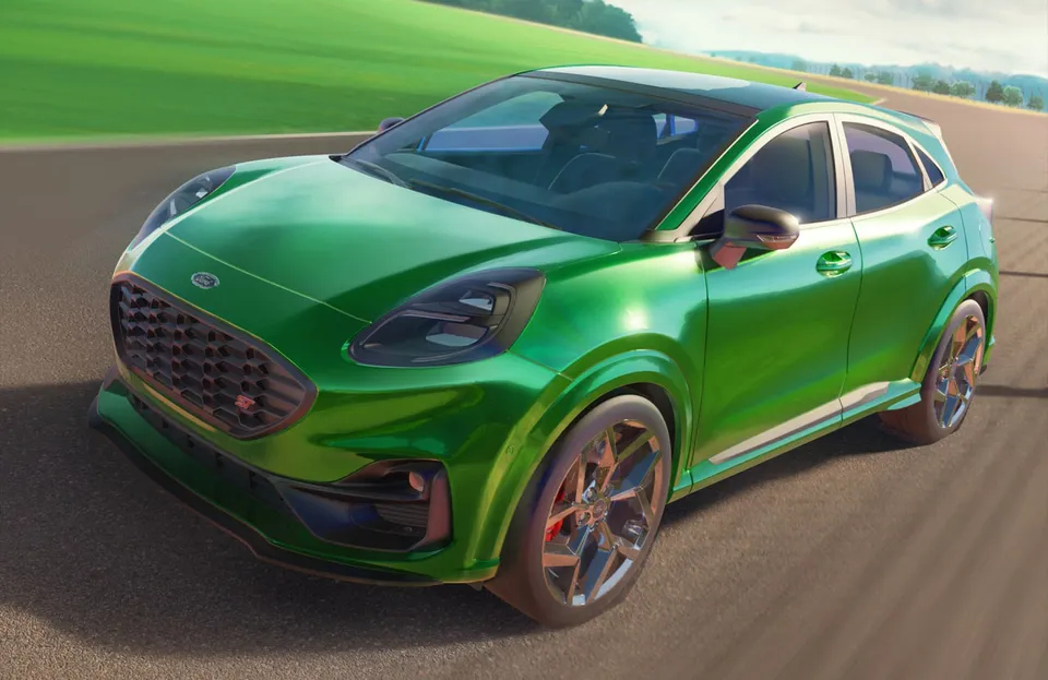 3D rendering of a green car, automotive design, 3D modeling in CAD software.