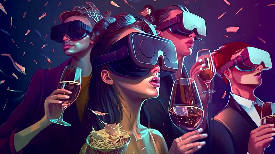 Group of people exploring digital metaspace with VR headsets, symbolizing metaverse trends.