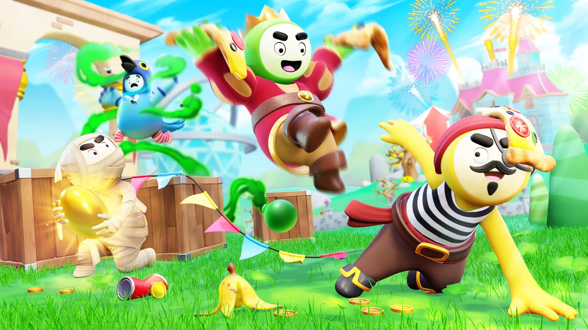 VR Multiplayer Game "Rival Rides":Colorful illustration of animated characters playing in an outdoor setting with a whimsical castle in the background.