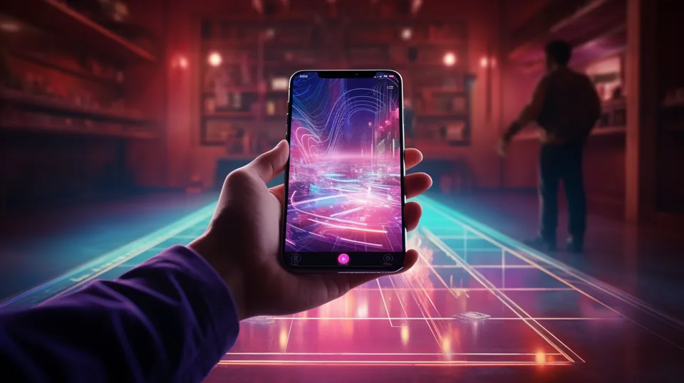 Hand holding smartphone with AR application displaying immersive augmented reality experience.