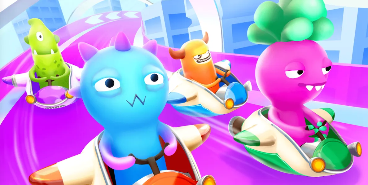 Colorful chibi-style 3d models, character design, racing in bumper cars.