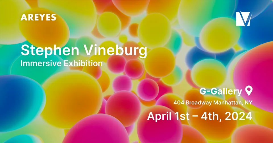 Promotional graphic for Stephen Vineburg's Immersive Exhibition featuring vibrant colors, with event details for AR experiences at G-Gallery, Manhattan.