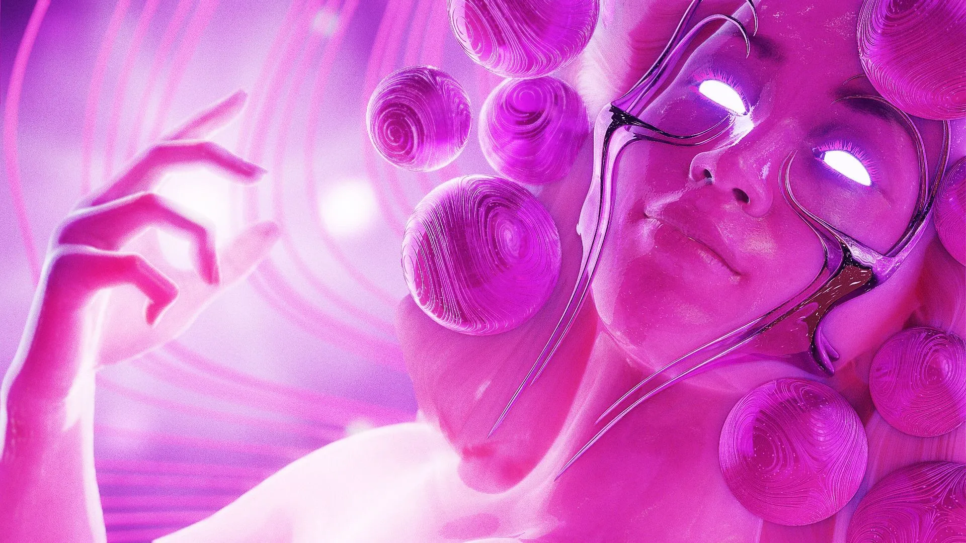 A futuristic digital art piece featuring a stylized female figure with glowing eyes and abstract pink shapes surrounding her.
