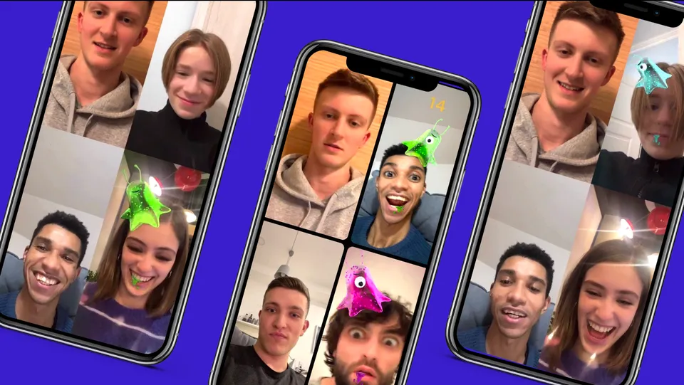 Collage of friends enjoying social AR experiences with AR filters on a smartphone screen
