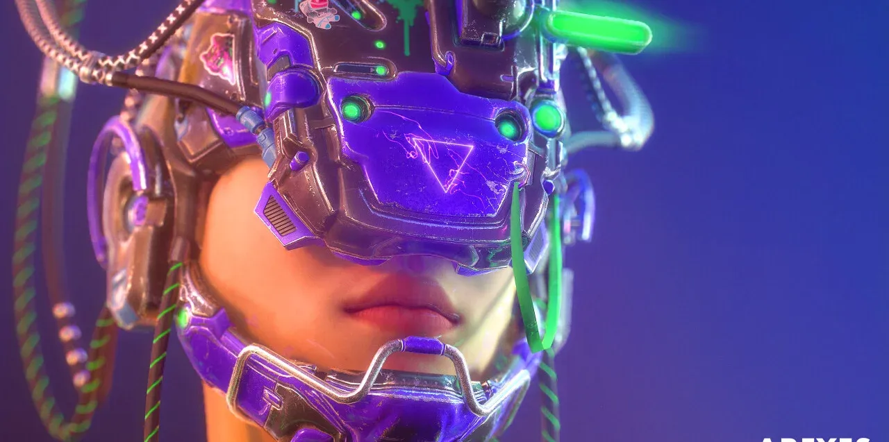 Close-up of a person with futuristic cyberpunk headgear and neon lighting.