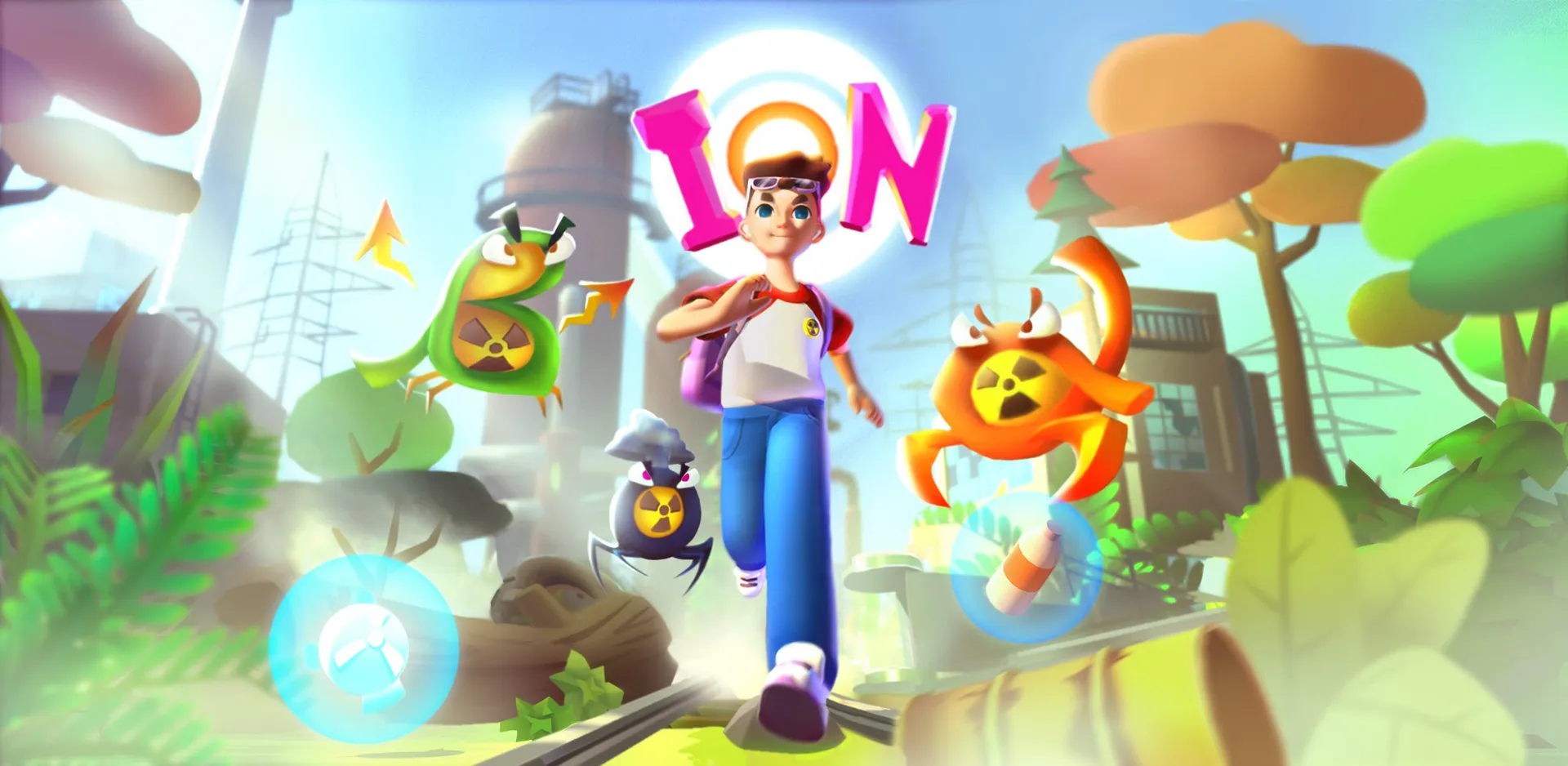 Colorful animated game scene with a boy and whimsical creatures in a fantasy landscape.