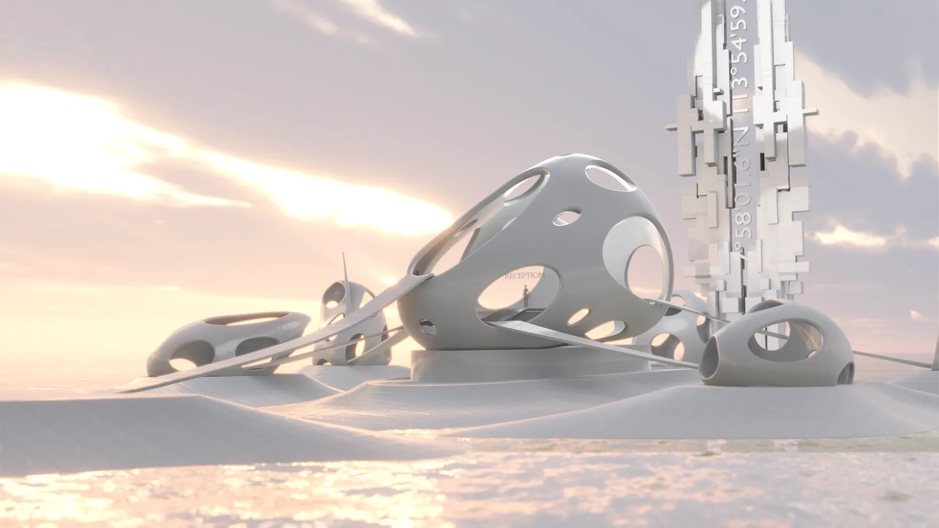 Futuristic architecture with organic shapes and a rocket structure against a cloudy sunrise sky.
