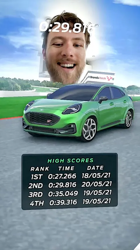  A screenshot featuring a person using an AR game with head-tracking technology, enabling coordinated car-driving in an AR marketing campaign.